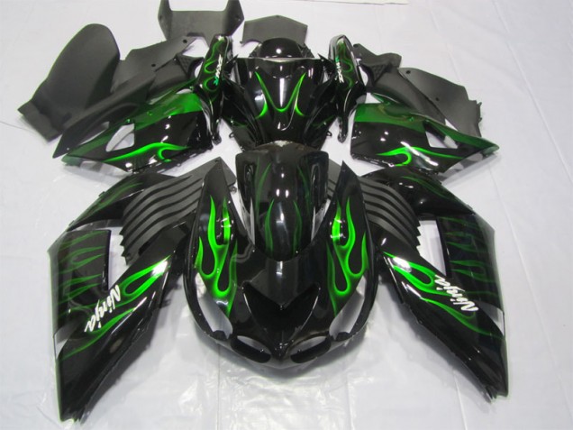 06-11 Schwarze grüne Flamme Ninja Kawasaki ZX14R ZZR1400 Motorrad Verkleidung